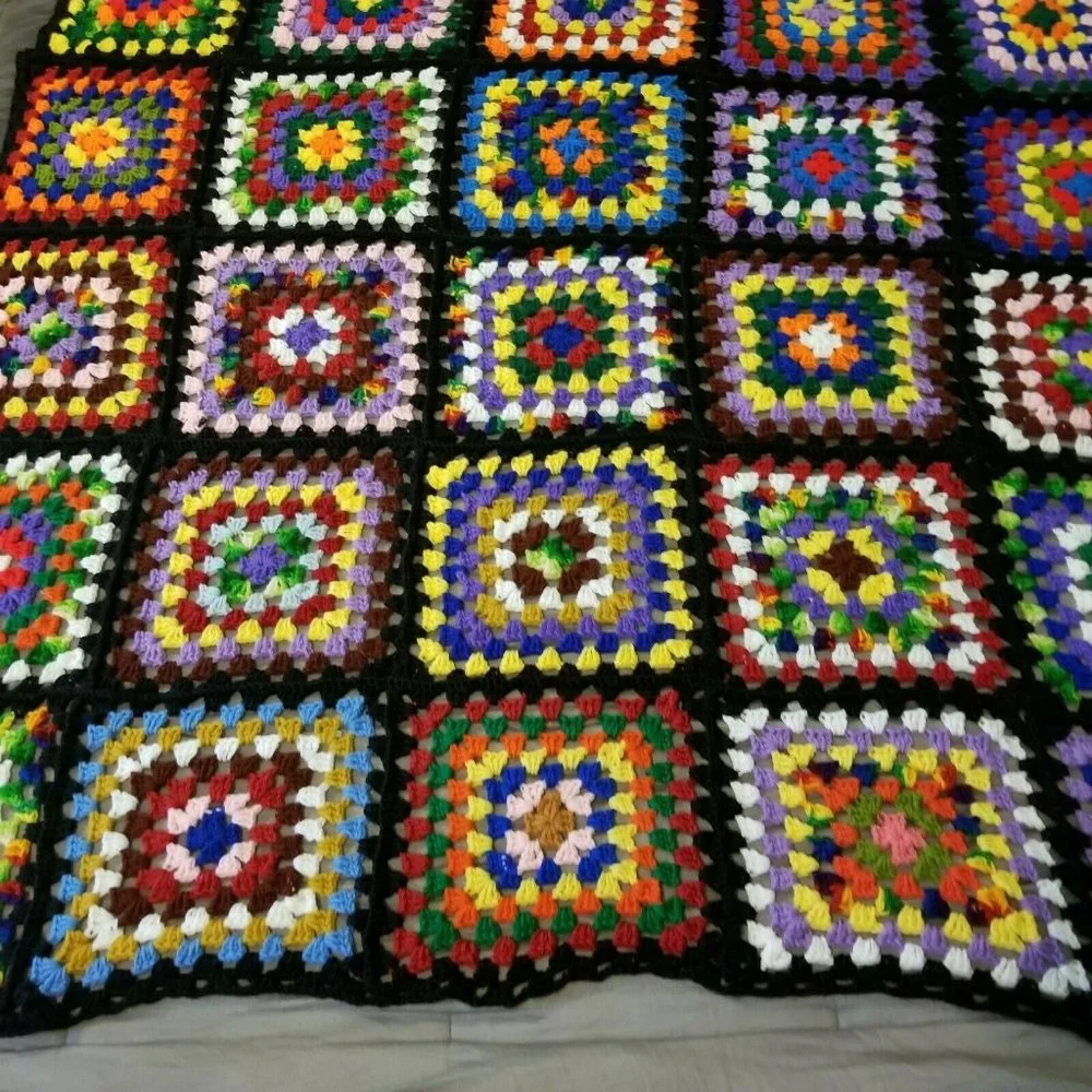 Granny Squares Afghan Black‎ Throw Blanket Vibrant